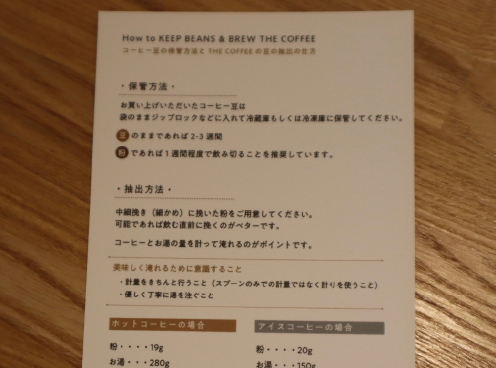 購入頂いたコーヒー豆に適したレシピと保管方法を書いたポストカード